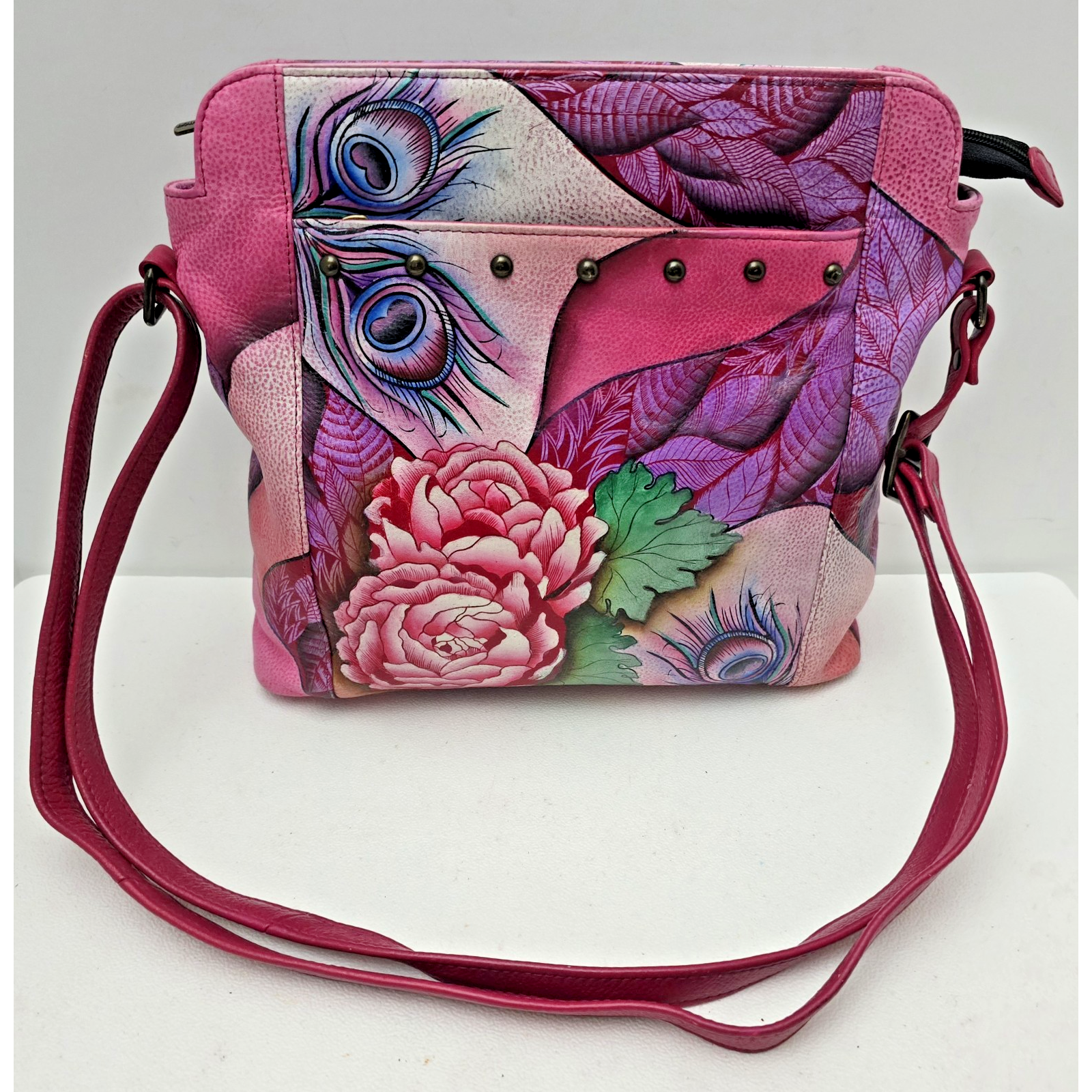 Anuschka Peacock/Rose Hand Painted Leather Crossbody/Shoulder Bag-Rosie Reverie